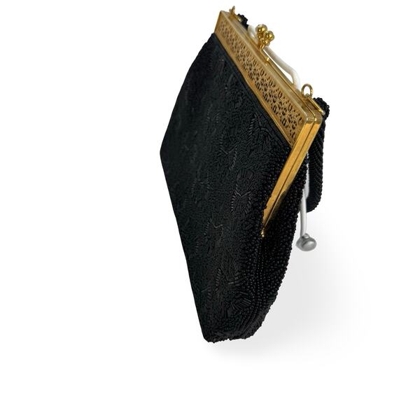 Vintage 1950s Black Beaded Hong Kong Evening Purse Gold Filigree AB Clasp - Picture 6 of 16
